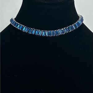 Blue Emerald Cut Rhinestone Choker Necklace Silver Tone Fully Articulated Links